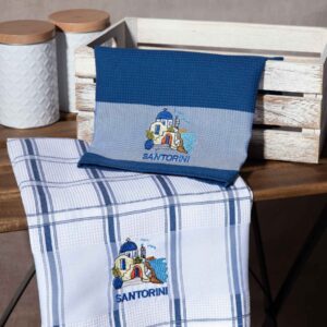 Σετ 2 τεμαχίων ποτηρόπανα (50cm x 70cm) μπλέ εκκλησία SANTORINI